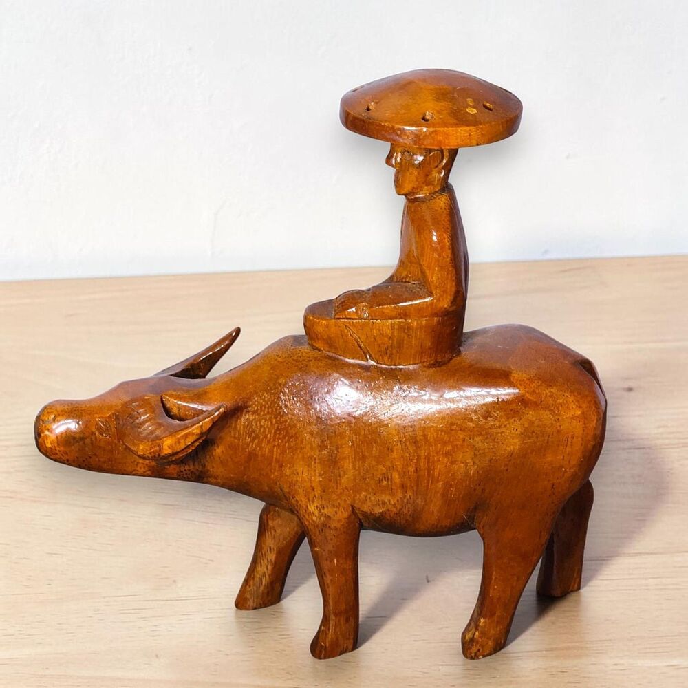 Vintage Carved Wood Water Buffalo Rider Incense Holder Asian Folk Art 7"